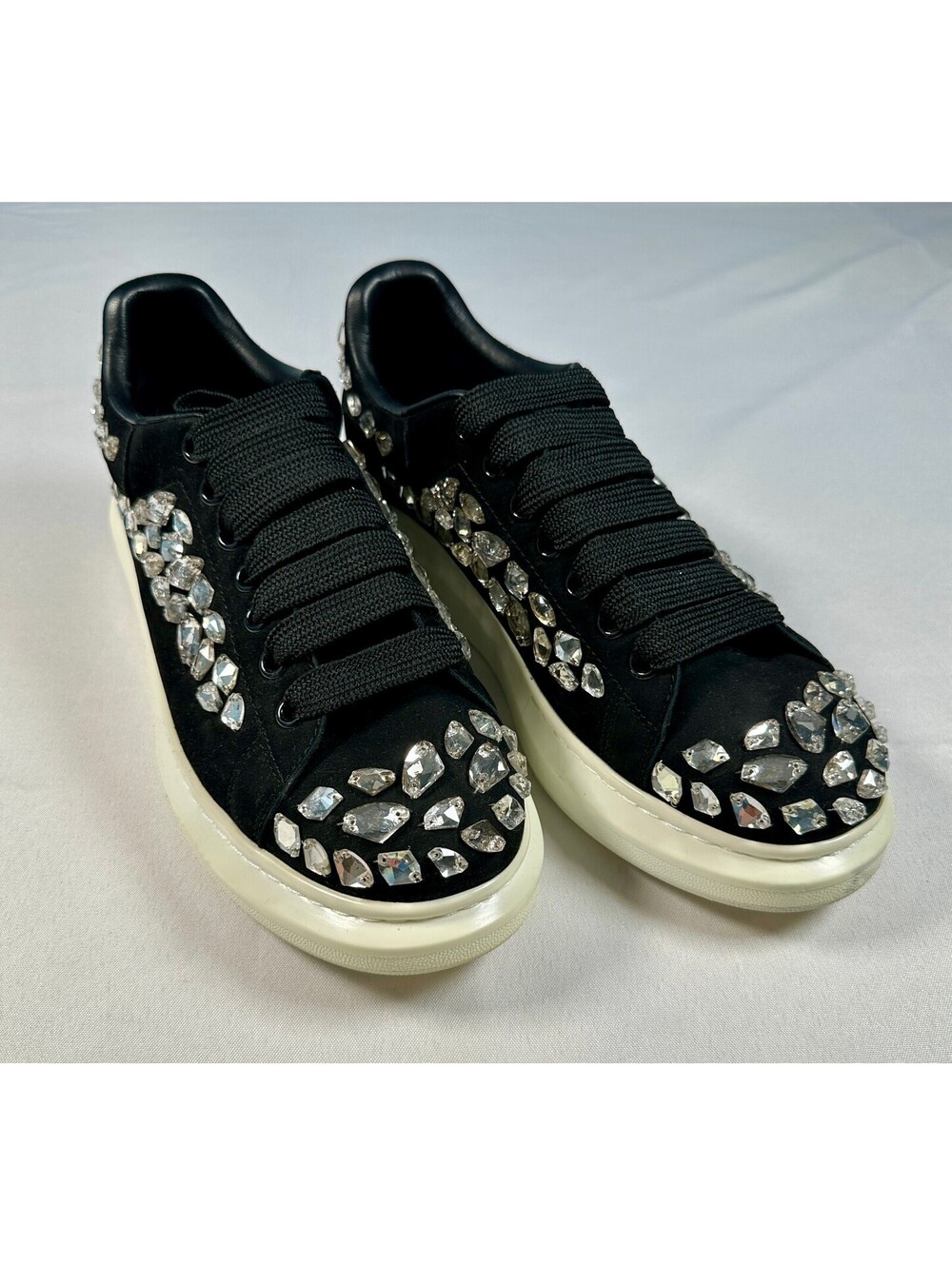Alexander McQueen Black Suede Crystal Embellished Oversized Sneakers Size 46